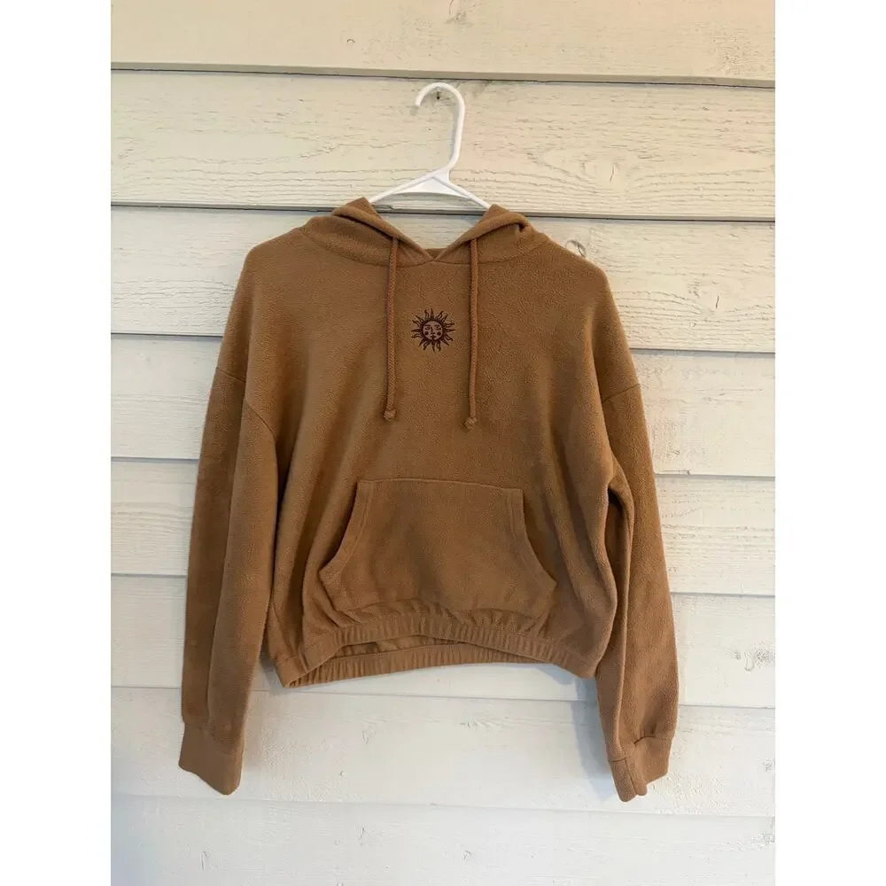 Hippie Rose Cropped Fleece Hoodie Brown Sun Graphic Pullover Sweatshirt Size S - Picture 2 of 5